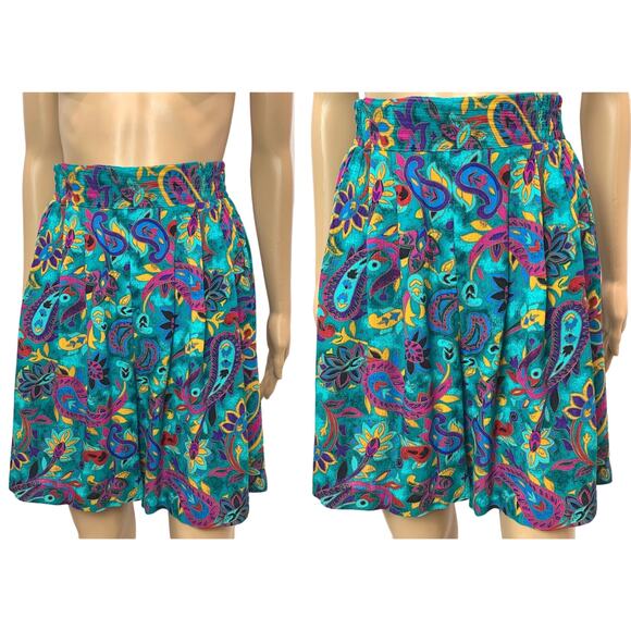 80s 90s High Waist Flowy Rayon Shorts Wide Leg Teal & Multicolor Floral Petite - Picture 6 of 10